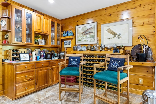 living area featuring wooden walls