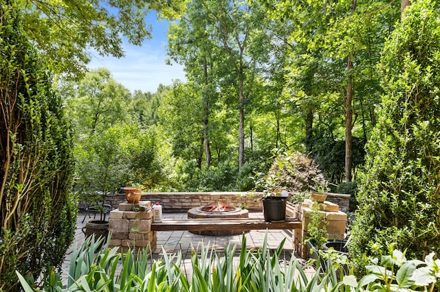 view of patio featuring a fire pit