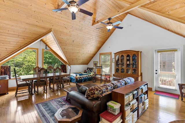 living room featuring wood ceiling, lofted ceiling with beams, and light wood-type flooring