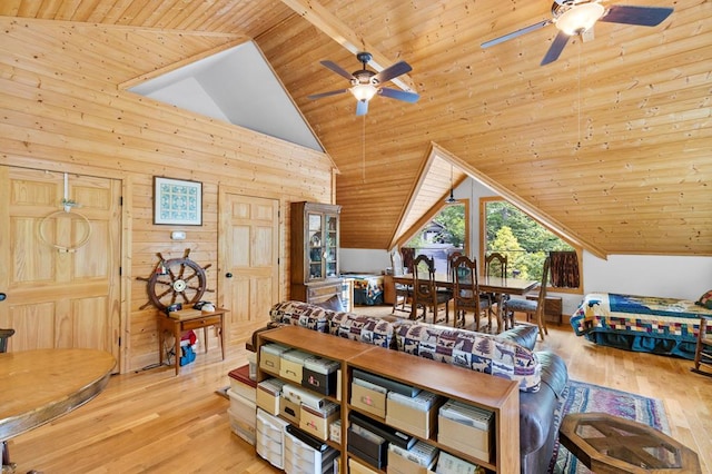 bedroom with lofted ceiling, light hardwood / wood-style flooring, and wooden ceiling