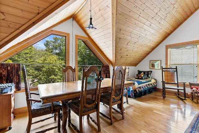 dining room with light hardwood / wood-style flooring, wooden ceiling, and vaulted ceiling