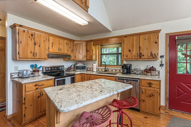 40 White Cloud Dr, Murphy, NC 28906 - kitchen featuring stainless steel appliances, under cabinet range hood, light wood-style floors, brown cabinetry, and plenty of natural light