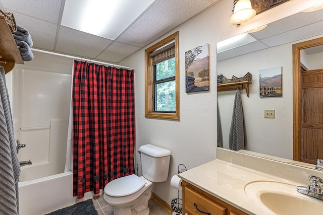 40 White Cloud Dr, Murphy, NC 28906 - bathroom featuring vanity, shower / bathtub combination with curtain, a drop ceiling, tile patterned floors, and a textured wall