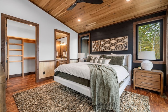 bedroom featuring wood ceiling, lofted ceiling, wainscoting, recessed lighting, and wood finished floors