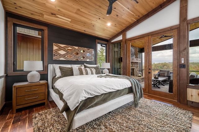 bedroom with access to exterior, wood ceiling, lofted ceiling, multiple windows, and dark wood-style floors