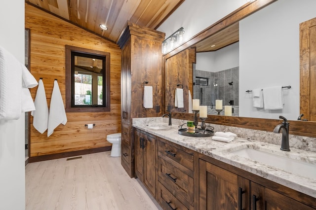 full bathroom featuring a sink, wooden walls, and toilet