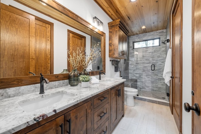 bathroom with a sink, toilet, double vanity, and a shower stall