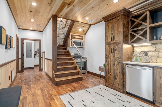 interior space featuring wood ceiling, visible vents, appliances with stainless steel finishes, and a wainscoted wall