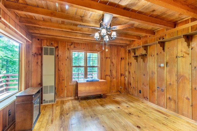 unfurnished room with beamed ceiling, wood ceiling, wooden walls, and light hardwood / wood-style floors