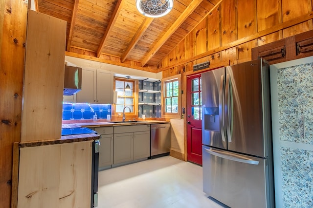 kitchen with appliances with stainless steel finishes, sink, vaulted ceiling with beams, backsplash, and wood ceiling