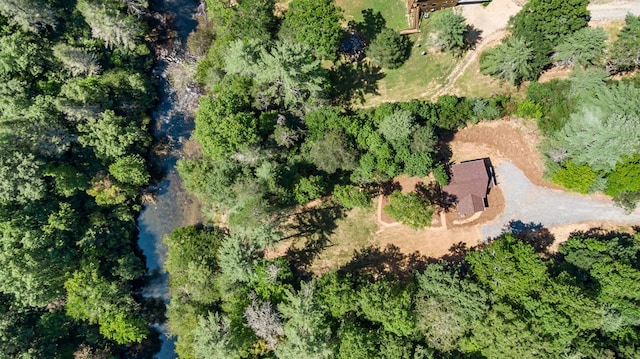 birds eye view of property featuring a wooded view