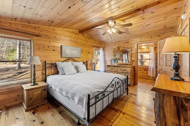 bedroom featuring light hardwood / wood-style flooring, lofted ceiling with beams, wooden walls, and wooden ceiling