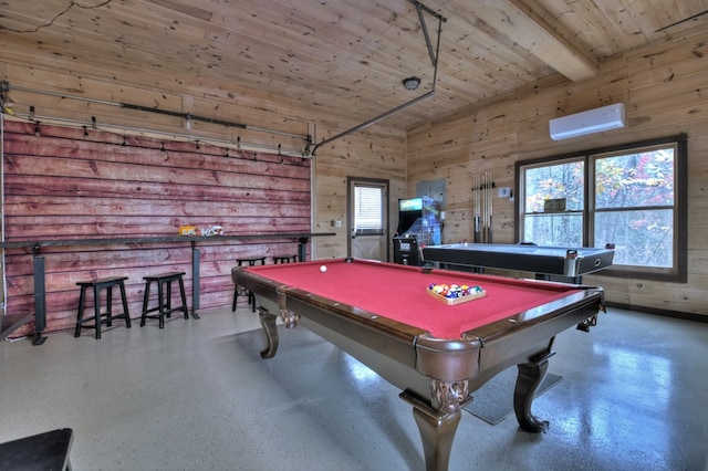 game room with a wall unit AC, wooden ceiling, beamed ceiling, and wood walls