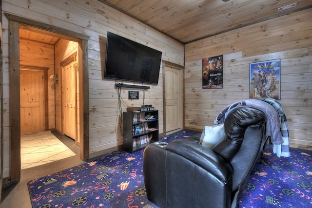 living room featuring wooden walls and wooden ceiling