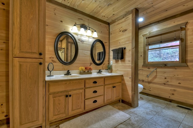 bathroom with wooden ceiling, toilet, vanity, and wood walls