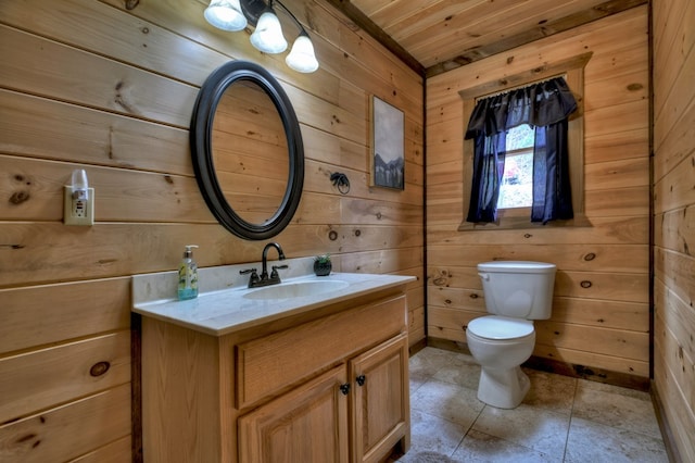 bathroom featuring wooden ceiling, toilet, and wooden walls