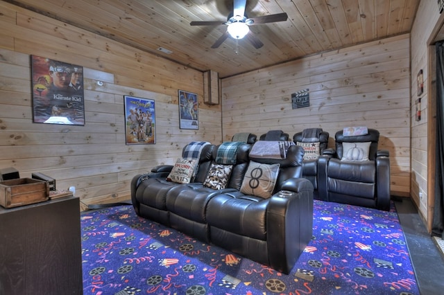 home theater with wood ceiling, ceiling fan, and wood walls