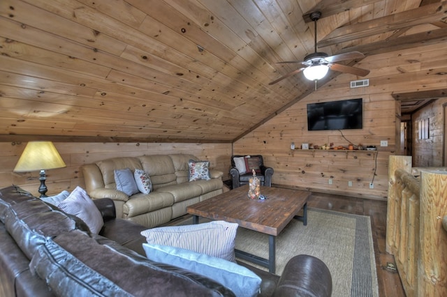 living room with wood ceiling, vaulted ceiling, hardwood / wood-style floors, and wood walls