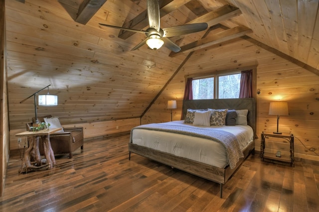 bedroom with dark hardwood / wood-style floors, wood ceiling, ceiling fan, and wood walls