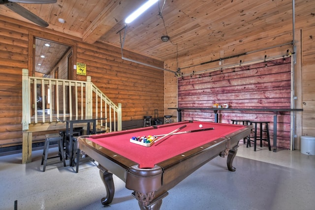 rec room with rustic walls, wooden ceiling, and pool table