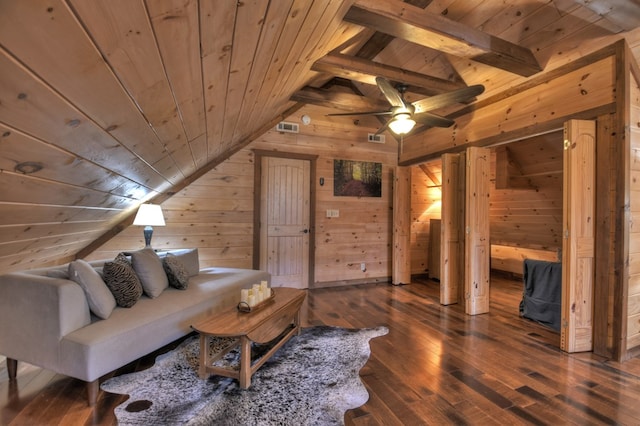 living room featuring dark hardwood / wood-style flooring, wooden walls, wooden ceiling, and lofted ceiling with beams