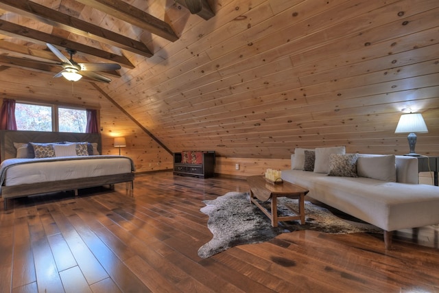 bedroom with lofted ceiling with beams, wood ceiling, dark hardwood / wood-style flooring, and wood walls