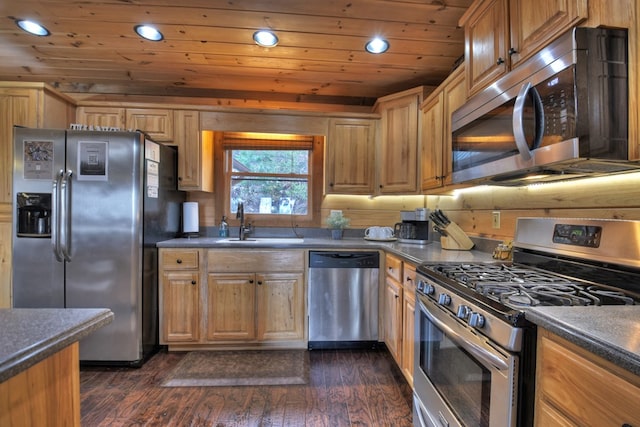 kitchen featuring dark wood-type flooring, appliances with stainless steel finishes, sink, and wooden ceiling