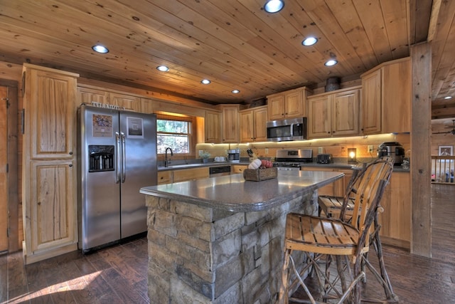 kitchen with a center island, dark hardwood / wood-style flooring, wood ceiling, and stainless steel appliances