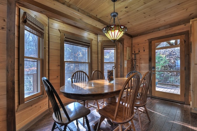 dining room featuring dark wood-type flooring, wooden ceiling, and wood walls