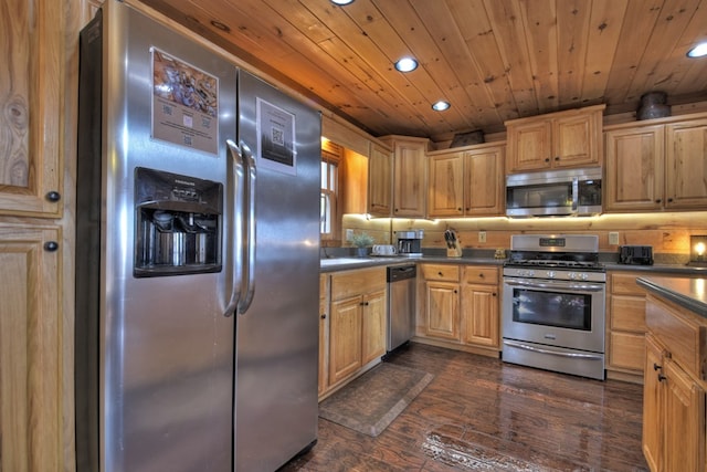 kitchen with tasteful backsplash, appliances with stainless steel finishes, dark hardwood / wood-style floors, and wooden ceiling