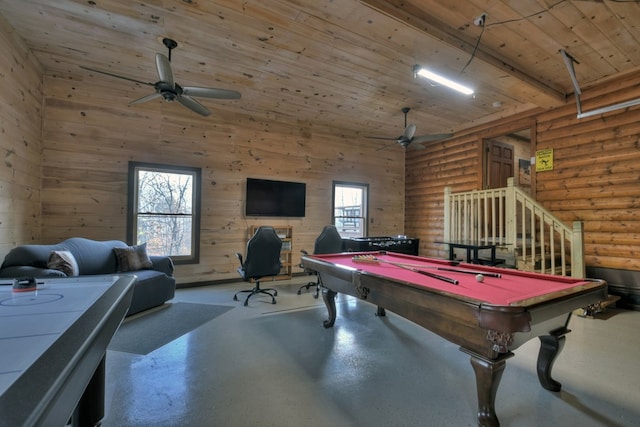 game room featuring rustic walls, pool table, wooden ceiling, ceiling fan, and a high ceiling