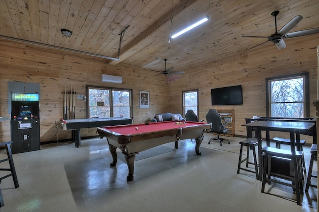 playroom with wood ceiling, ceiling fan, wooden walls, high vaulted ceiling, and pool table