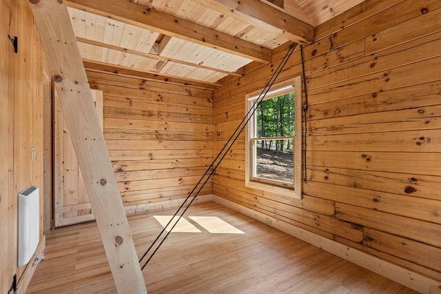 unfurnished room featuring wooden walls, light wood-type flooring, beam ceiling, and wooden ceiling