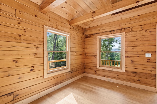 unfurnished room with vaulted ceiling with beams, wood ceiling, wood walls, and light hardwood / wood-style floors