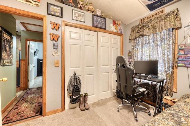 office space featuring carpet and a textured ceiling