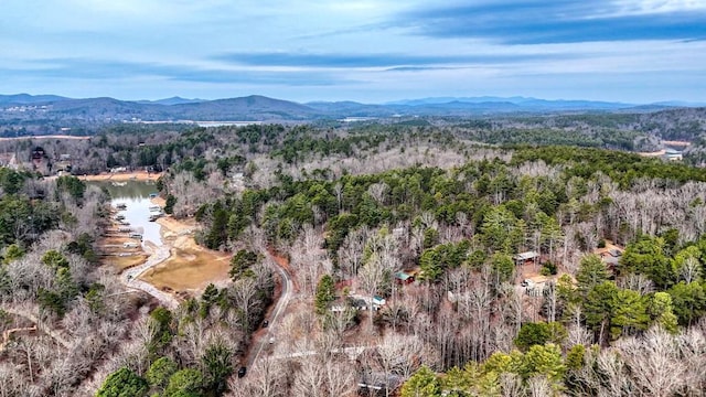 bird's eye view with a water and mountain view and a view of trees