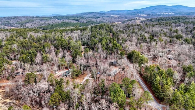 drone / aerial view with a mountain view and a wooded view