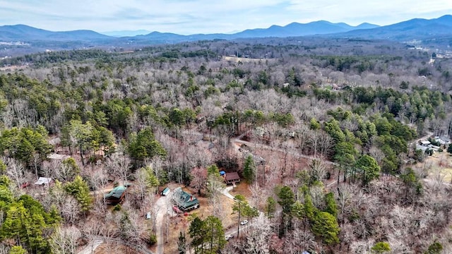 drone / aerial view with a mountain view and a view of trees