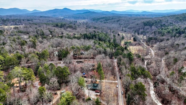 birds eye view of property with a forest view and a mountain view