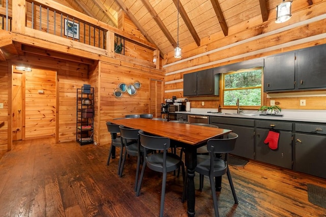 kitchen featuring dark wood finished floors, wood walls, a sink, and wood ceiling