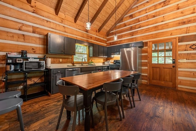 dining space featuring vaulted ceiling with beams, dark wood-style floors, wood ceiling, and wooden walls