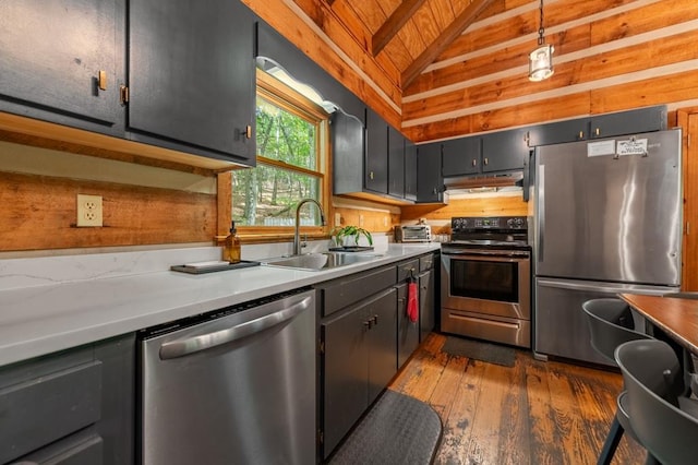 kitchen featuring lofted ceiling, under cabinet range hood, stainless steel appliances, dark wood-style flooring, and a sink