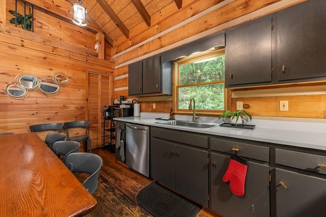 kitchen with vaulted ceiling with beams, stainless steel dishwasher, wood ceiling, a sink, and wooden walls