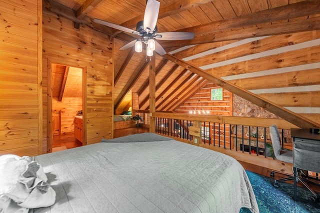 bedroom with wooden ceiling, vaulted ceiling with beams, and wooden walls