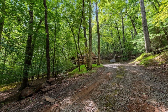 view of road with driveway and a forest view