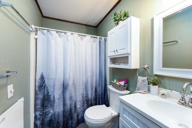 full bathroom with curtained shower, ornamental molding, toilet, a textured ceiling, and vanity