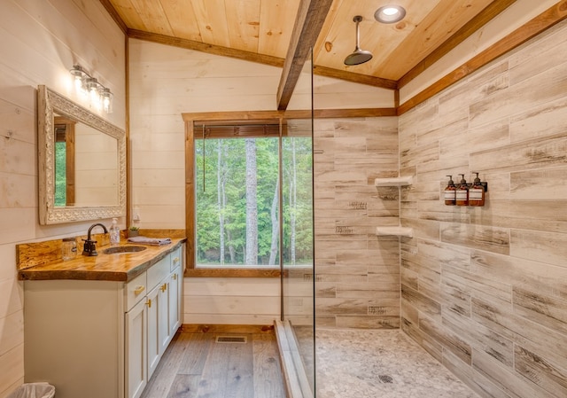 bathroom with wooden ceiling, vaulted ceiling with beams, wood walls, a shower, and hardwood / wood-style flooring