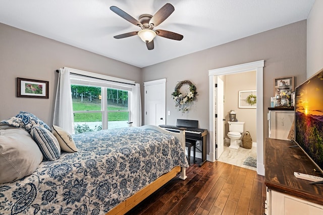 135 Adams Farm Dr, Blairsville, GA 30512 - bedroom featuring dark wood finished floors, access to outside, ceiling fan, and connected bathroom