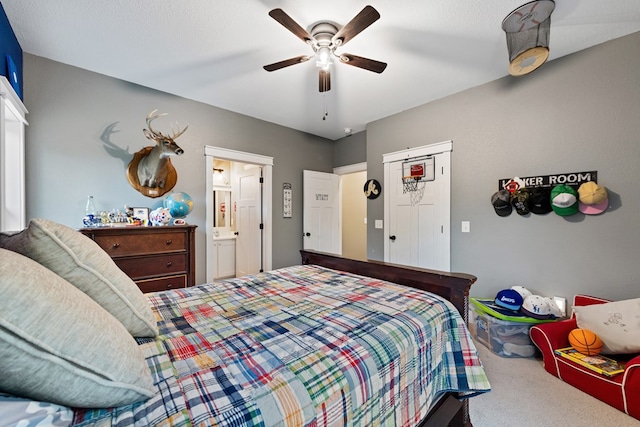 135 Adams Farm Dr, Blairsville, GA 30512 - bedroom featuring carpet floors, a ceiling fan, and ensuite bath