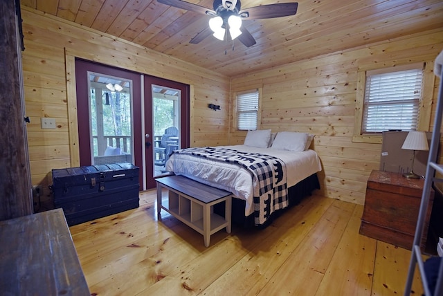 bedroom featuring wood walls, wood ceiling, and access to outside